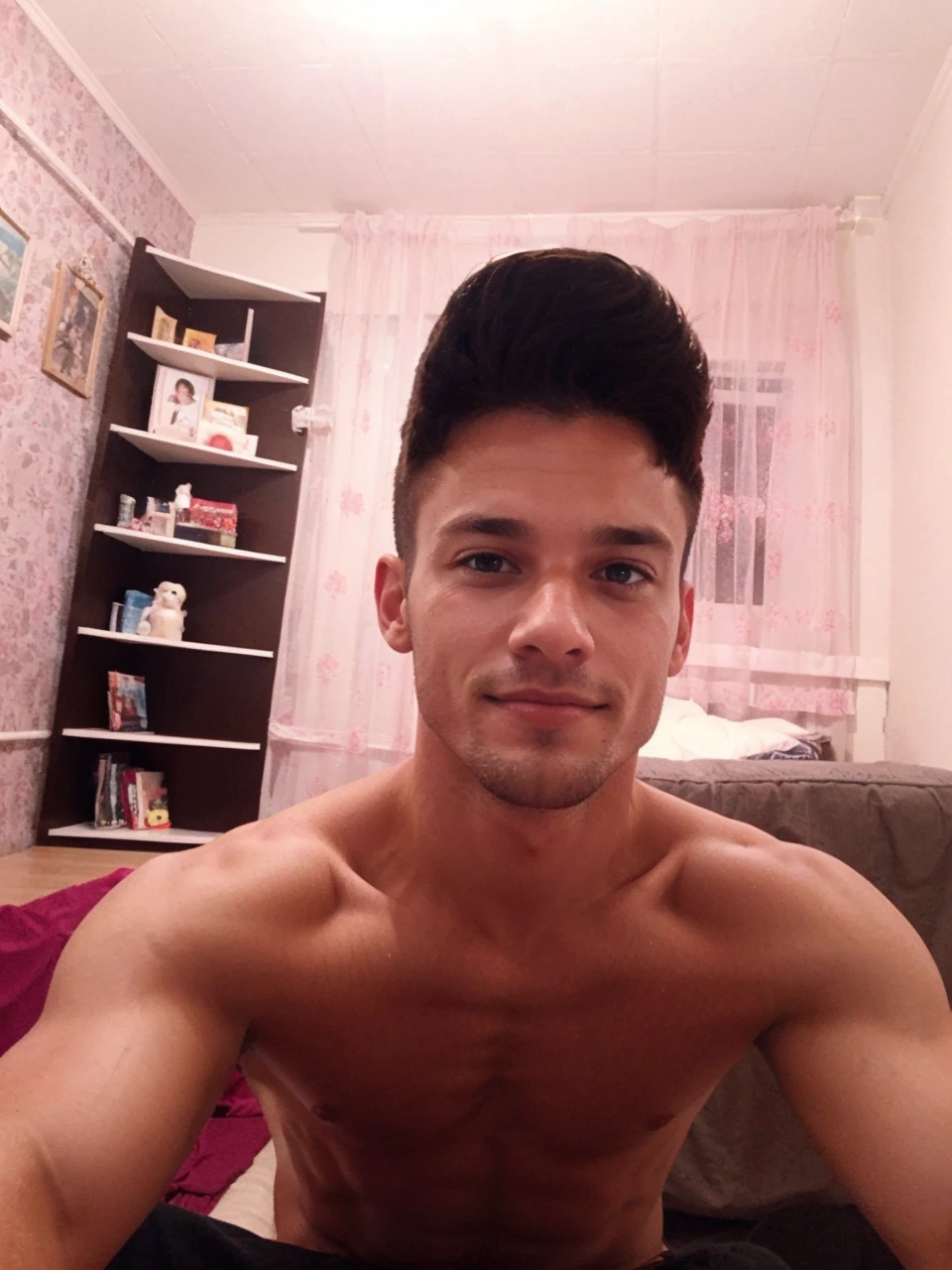 Guy standing waist down, bare torso, manly, arms raised, armpits visible, naked guy, slutty guy, horny, erection, dominant, smirk 18+