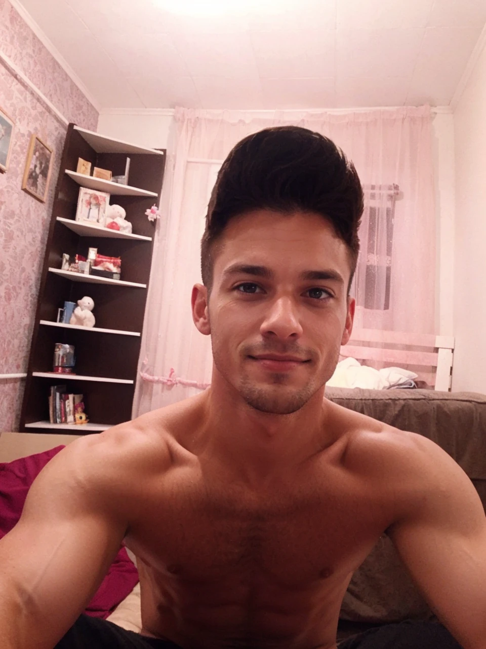 Guy standing waist down, bare torso, manly, arms raised, armpits visible, naked guy, slutty guy, horny, erection, dominant, smirk 18+