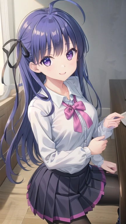 ((masterpiece)),(best quality),official art,extremely detailed CG,unity 8k wallpaper,ultra detailed,beautiful detailed eyes,extremely detailed face,1girl,solo,cowboy shot,looking at viewer,facing viewer,smile,ahoge,blue hair,very long hair,hair ribbon,black ribbon,sidelocks,bangs,purple eyes,collared shirt,white shirt,pink bow,long sleeves,medium breasts,black skirt,pleated skirt,frilled skirt,black pantyhose,black footwear,cross-laced footwear,lace-up boots,