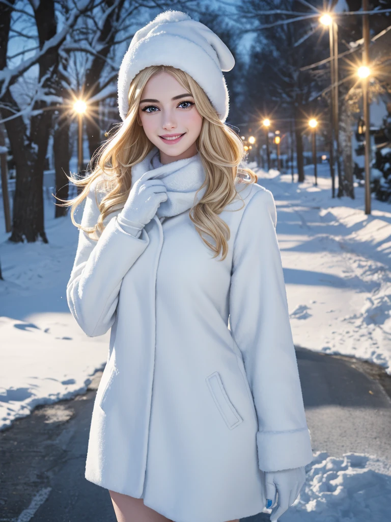 FRW, Very detailed CG Unity 8k wallpaper, ((( Anne Hathaway:Selena Gomez:0.7))) as a cute 27-year-old cute blonde Polish woman, a beautiful girl, a wonderful goddess, hot maiden, blue eyes, pale skin (a masterpiece, beautiful person, well detailed face polluted smile, photorealistic, hyperrealistic), white cold clothes, fuzzy white cap, white blouse, wearing white gloves, rubbing hands warming up in a snowy street (blue open sky), and smiling (light lighting).