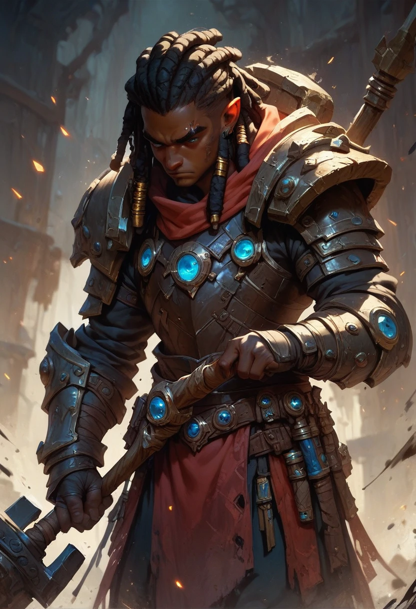 make a character of D&D young black skinned man with short dreadlocks hair in paladin class with dark armor not very heavy with coats of arms holding a two-handed hammer.