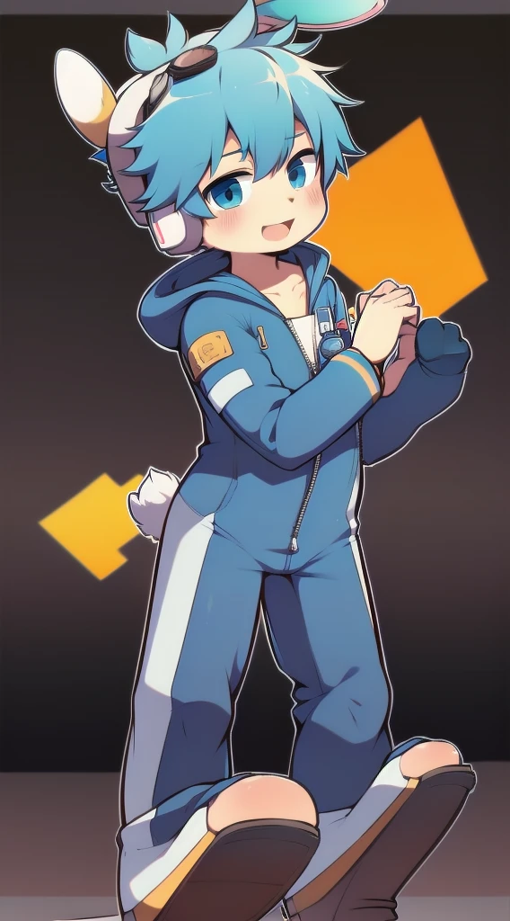 2D Boy Shota,One-piece mountaineering suit,Slim, Put the headphones on your head,stand up,goggles,Rabbit ears,happy,Sailor collar,tie,Zipper pulled down,sports shoes