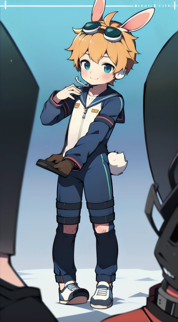 2D Boy Shota,One-piece mountaineering suit,Slim, Put the headphones on your head,stand up,goggles,Rabbit ears,happy,Sailor collar,tie,Zipper pulled down,sports shoes
