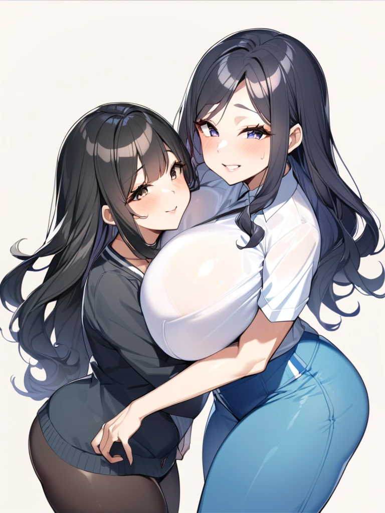Two adult women、cheek-to-cheek、35-year-old woman、24-year-old female、Huge breasts:1.5、sagging breast:1.5、Black Hair、Wavy long hair、Bobcut、living、milf