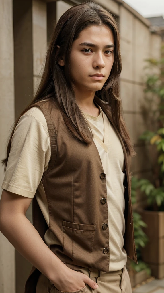 14 years old, Boy, long hair, brown hair, parted in the middle, ninja band on his forehead,  Beige vest type clothing Appearance of Neji Hyuga from Naruto  https://images.app.goo.gl/SPRrSc4MFtyZyeDt5