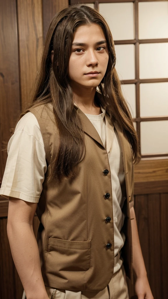 14 years old, Boy, long hair, brown hair, parted in the middle, ninja band on his forehead, Beige vest type clothing Appearance of Neji Hyuga from Naruto https://images.app.goo.gl/SPRrSc4MFtyZyeDt5