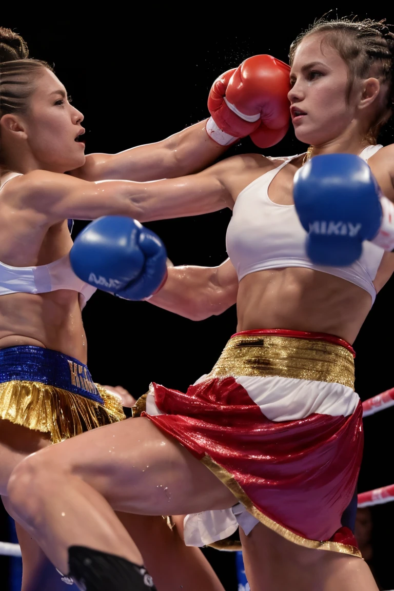 ((Masterpiece, Of the highest quality, Maximum image quality, high resolution, photorealistic, photo and gross, 8k)), seductive and feminine elves Muay Thai fight Seductive and feminine elf athletes fighting each other under the lights., wet bodies, athlete profiles looking through,  whole body, kick to the face.