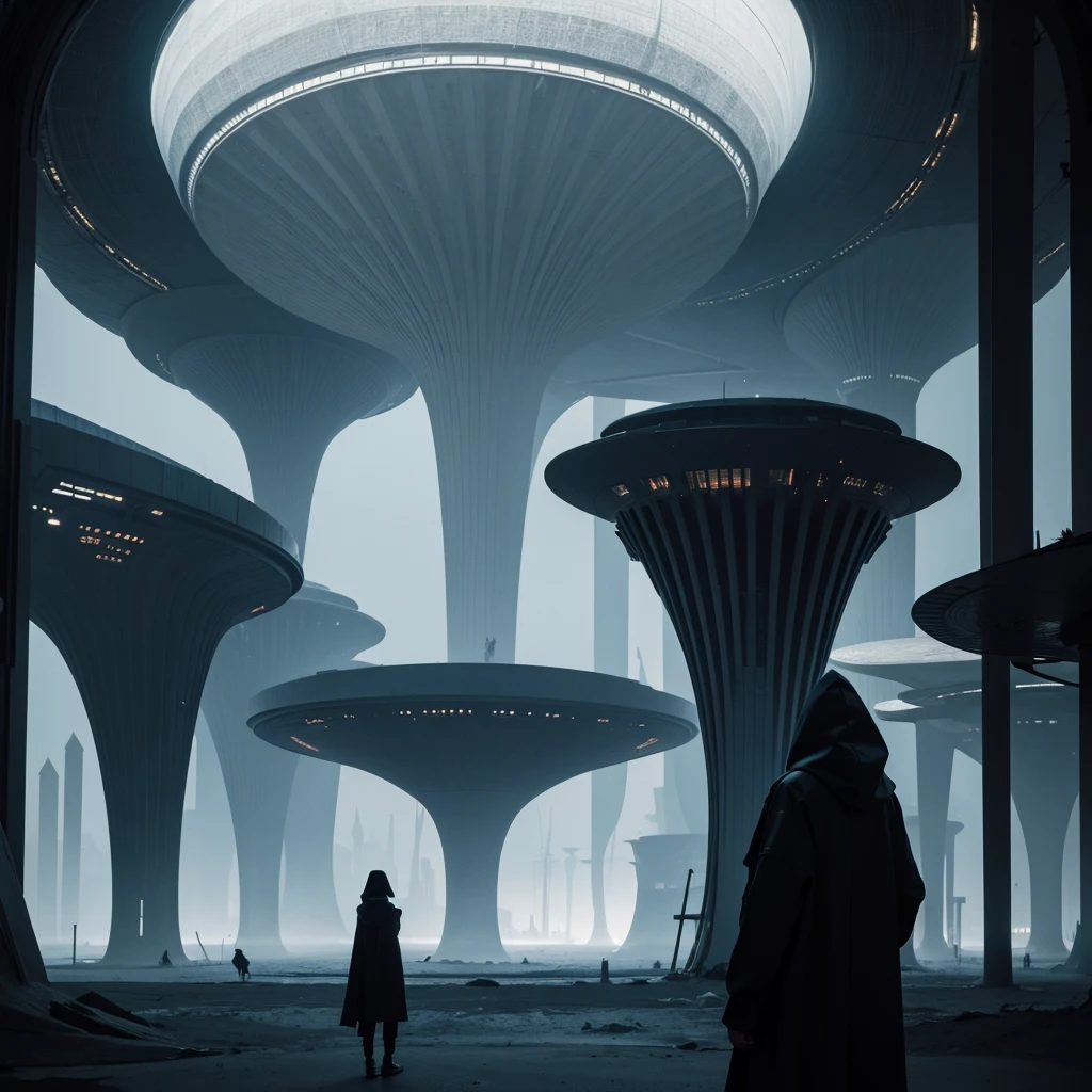 (The best quality)Hooded person looking at the futuristic architecture of an advanced civilization on another planet with dark color palette