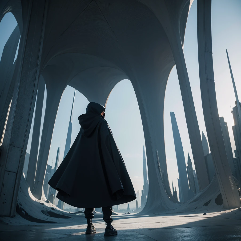 (The best quality)Hooded person looking at the futuristic architecture of an advanced civilization on another planet with dark color palette