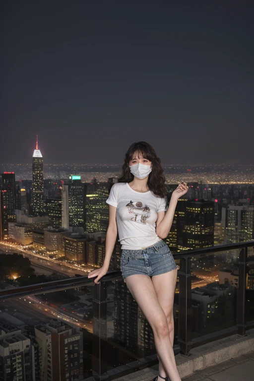 Night view of Beijing,((original photography:1.2)),RAW photos,Top quality, masterpiece, Ultra HD, (Reality: 1.4), 1 Girl, Perfect body,Full body portrait,stylish hair, Very curly hair, delicate eyes, Detailed eyes,(With a mask), Medium breasts,Stylish T-shirt,shorts,very detailed,Long slender legs