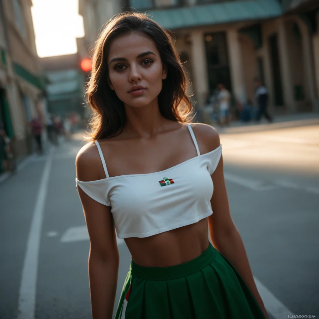 score_9, score_8_up, score_7_up, BREAK, (Outdoor, Summer Day: 1.2), Head Tilt Back, Cute, Round Face, Long Black Smooth Hair, Alternative Vibe, 25 Years Old, (Italian Woman: 1.3), Medium Olive Skin, High Cheekbones, Gorgeous Brown Eyes, Big, Subtle Cleavage, Oversized White Crop Top, Skirt, Dynamic Angle, Vibrant Lighting, High Contrast, dramatic shadows, highly detailed, detailed skin, depth of field, film grain, making football