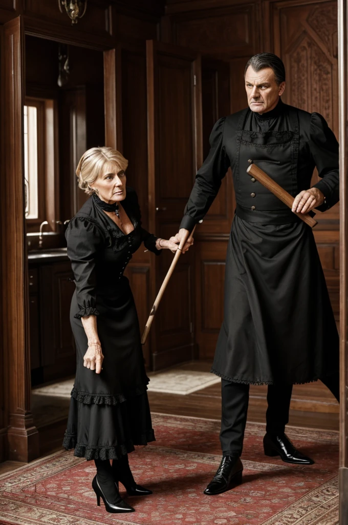 In a horror scene is a German woman named Olga. She is 60 years old. She is a woman with an evil and authoritarian personality and a villain. She has a black dress. The kitchen staff has a stick in her hands. She is in a Victorian-style house. , she is stepping with her heels on the back of a man who has beaten him, the man is being subdued by her begging for mercy while blood is splashed on his clothes