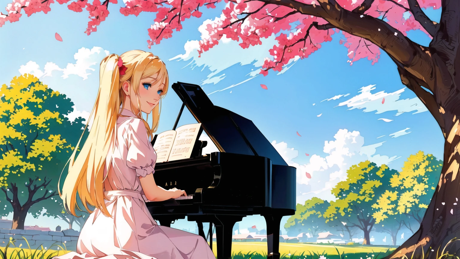 a beautiful blonde girl smiling, with stunning blue eyes, playing a grand piano under a blooming cherry blossom tree with vibrant colors, masterpiece, (best quality,4k,8k,highres,masterpiece:1.2),ultra-detailed,(realistic,photorealistic,photo-realistic:1.37),intricate details,exquisite textures,soft lighting,warm color palette,cinematic composition,dramatic lighting,dramatic pose,elegant,graceful,serene,peaceful,calming,fantasy,digital painting,oil painting,photorealistic,highly detailed