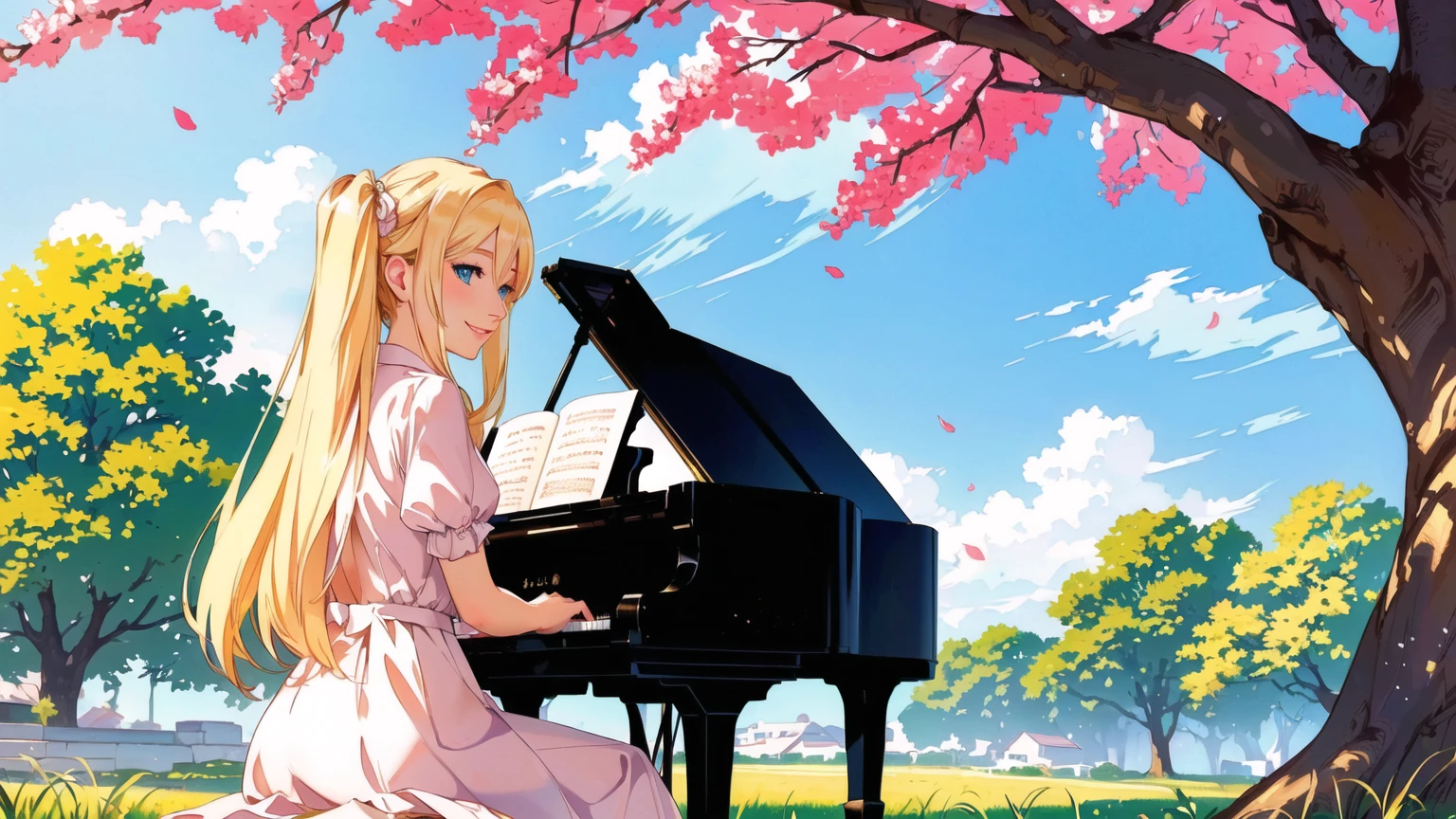 a beautiful blonde girl smiling, with stunning blue eyes, playing a grand piano under a blooming cherry blossom tree with vibrant colors, masterpiece, (best quality,4k,8k,highres,masterpiece:1.2),ultra-detailed,(realistic,photorealistic,photo-realistic:1.37),intricate details,exquisite textures,soft lighting,warm color palette,cinematic composition,dramatic lighting,dramatic pose,elegant,graceful,serene,peaceful,calming,fantasy,digital painting,oil painting,photorealistic,highly detailed