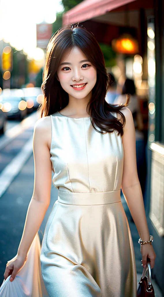 Street view,Vision,Sunshine,shopping,One girl,White Dress,(Highest quality, DetailsDetails, masterpiece, Official Art, Cinematic lighting effects, 4K)、Smiling Kindly、slim、Fashion Model