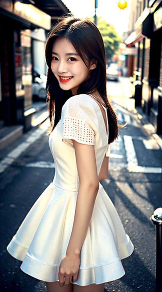 Street view,Vision,Sunshine,shopping,One girl,White Dress,(Highest quality, DetailsDetails, masterpiece, Official Art, Cinematic lighting effects, 4K)、Smiling Kindly、slim、Fashion Model