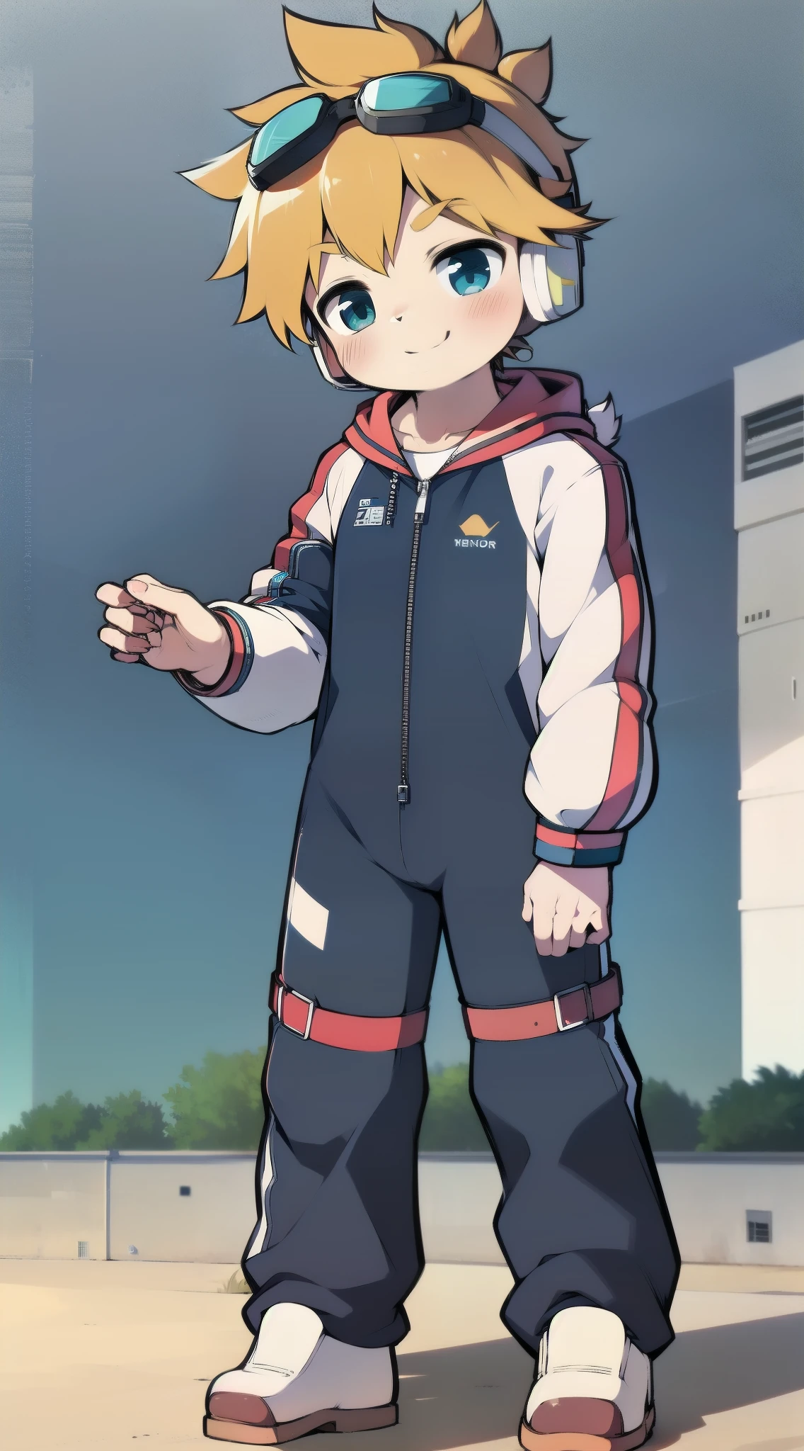 2D Boy Shota，One-piece mountaineering suit，Slim, Put the headphones on your head，stand up，goggles，Rabbit ears，happy，Sailor collar，tie，Zipper pulled down，sports shoes