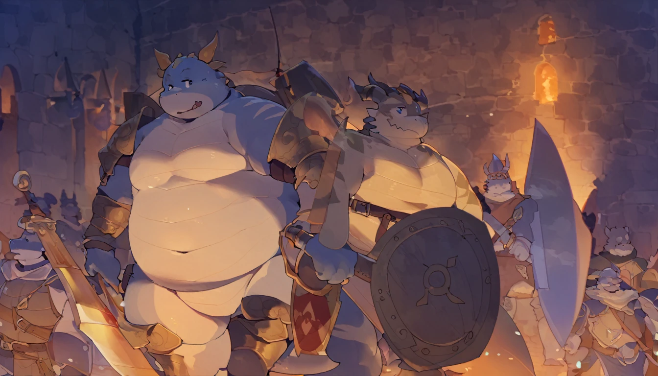 Dragon, male, furry anime,fat, chubby,paladin,wearing Medieval adventure equipment ,Topless ,A heavy greatsword on the back, heavy Shield, medieval times,anthro,doujin,yaoi,fantasy,isekai, adventure, by quanjiang