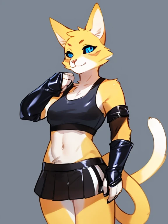 By bebebebebe, by lostgoose, by goonie-san, solo, female, feline, cat, blue fur, blue eyes, black and yellow shirt, shorts, standing,  (((seductive, Leather Skirt, Leather Sports Bra, Bare Shoulder, Bridal Gauntlets, Sleeves))),Furry, Colored Sclera, Furry Female, Black Sclera, Body Fur, White Fur, Yin Yang, Animal Nose, Long Snout, Two-tone Fur, Digimon (creature), Yellow Fur, Upper Body, Cropped Torso, Steaming Body, (one Tail:1.8)