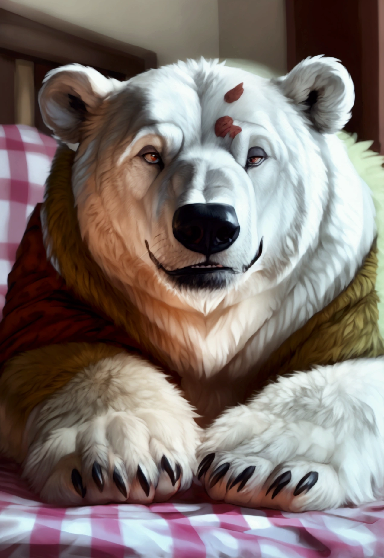 (by personals, by narse, would chase, by gorse the thief),realistic Realistic white fur, Polar patroller, polar bear in teeth,  SMILE in polar patroller, happy with tongue in polar patroller, Polar bear these hair body in white,very muscular and fat, claws in five, five claws, dark paws, helmet, eyepatch, medio eye Brown, big very strong pink giant_pen, grande para pen, giant balls, holding big huge pink_pentrating, very strong bulk for blank pallets , very tired of very craving, large chest of fur on white, More Giant Cum, very cum in milk, light,lying in bed por sexy, by bruteandbrawn, by personals, by subtraction, (intricate, high detail white , Photography, soft focus, SeatoHao, super daddy, 
photorealism, realistic white furry polar bear , photorealista, white style and white light , super high dispersion , Best Quality, ultra realistic, Alone, polar bone, Ursid, polar patrol, hair for white , muscular, SMILE, dark forest,  rainbow light , winter, dress,naked parawearing military uniform, camouflage, underwear, hull, tactical harness, black clothes, polar bear in teeth