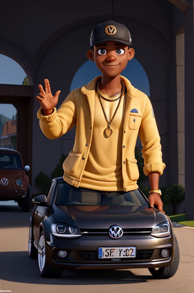 a man with a gold chain, inside a golf (VolksWagen) antique black, with your head out the window and waving your hand, with writing on the car like, trout 2024, speeds up, tnt, trout tnt