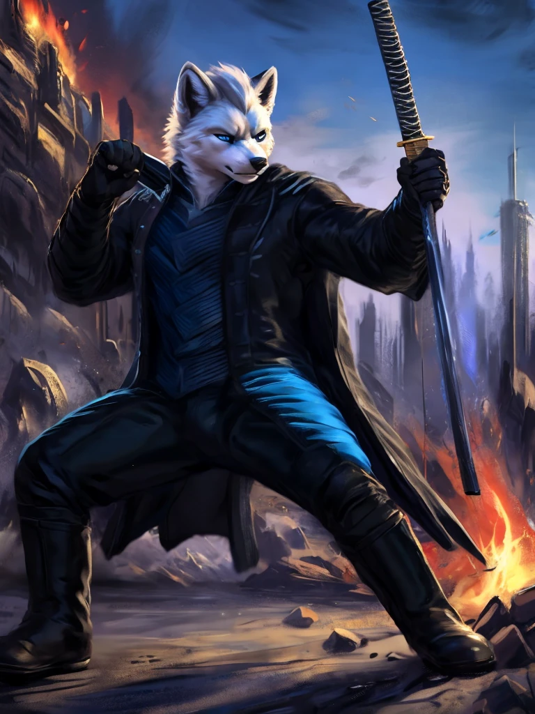 Vergil, blue clothing, robe, katana with white handle, devil may cry, white hair, slick back, blue eyes, cold stare, holding katana, detailed, realistic, dynamic pose, swinging katana, facing viewer, fight scene, running, detailed background, destroyed city background, fire, arctic fox, white fur, high quality, highest quality, by zackary911, by chunie, katana