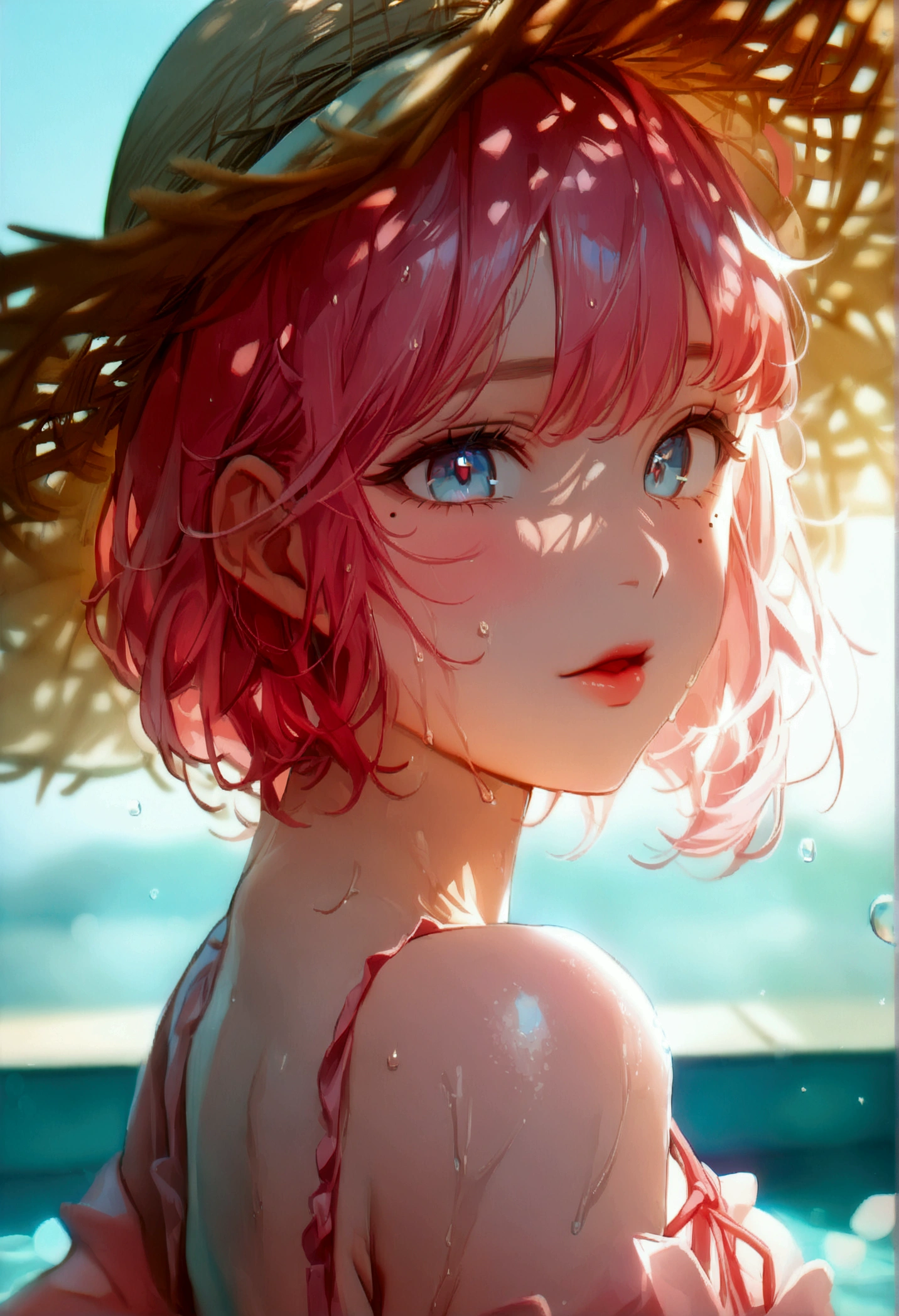 (1 girl),(Best Picture Quality, 8K, Masterpiece:1.3), (18year:1.5), ((pink lob hair:1.1)), (bob cut),(swept bangs), (cute eyes, pupil black, iris skyblue, youthful face), (mole under right eye), (standard weight), (small breasts), (glistening skin:1.1),(pale skin:1.2), (poolside), ((off shoulder lace up pink dress)),((straw hat)),(wet:1.1).