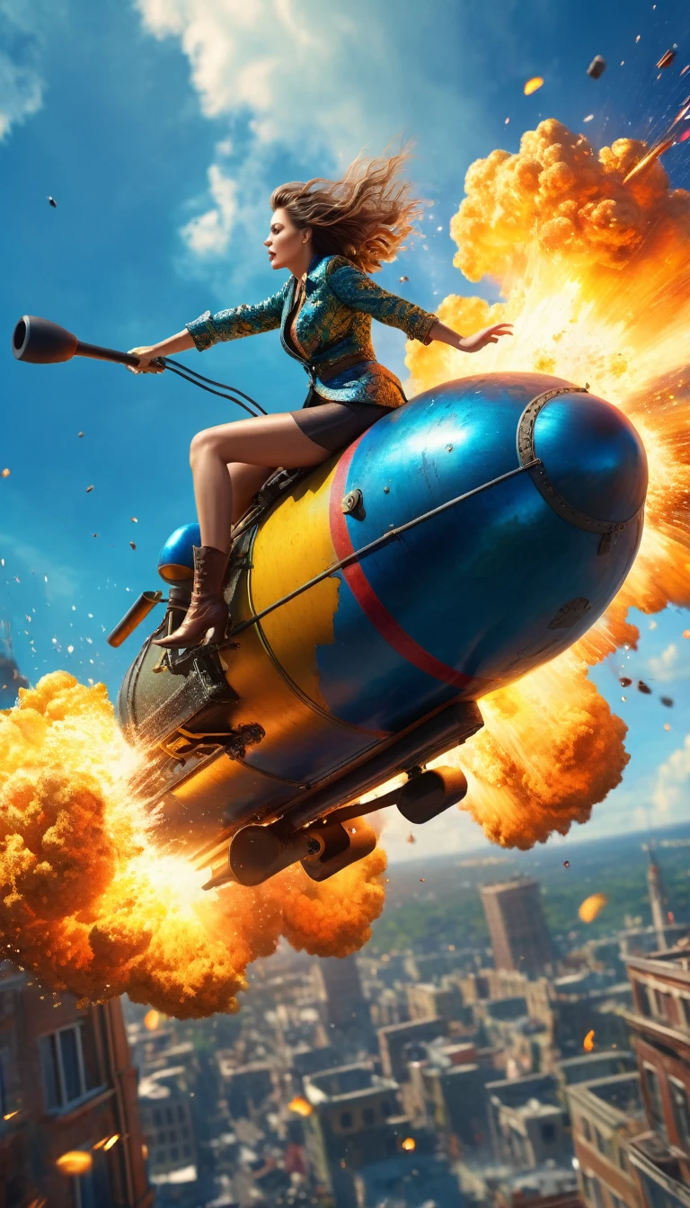 a beautiful woman riding a bomb as it falls from the sky, intricate details, hyper detailed, cinematic lighting, dramatic composition, vibrant colors, photorealistic, highly detailed, sharp focus, HDR, UHD, studio lighting, ultra-fine painting, physically-based rendering, extreme detail description, professional, vivid colors, bokeh, surreal, whimsical, fantasy, concept art