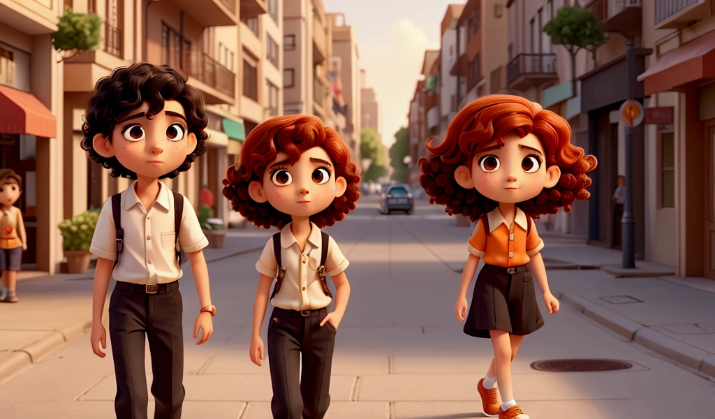a boy Eduardo with short curly black hair, thin with light eyes, and Clara a girl with long orange hair. walking around the city