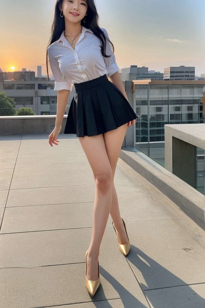 Rooftop of university building, 4th year university student, ((full body)), ((photo)), ((best qualtiy, 8K, tmasterpiece:1.3)), Focus:1.2, perfect figure beautiful girl:1.4, 1girl, cowboy shot, look at viewer, eyes facing the camera, incredibly absurd, beautiful and cute girl with a photorealistic face, showcasing top-quality craftsmanship, A Japanese girl watching the sunset on the roof of a university building, 19 years old, long, straight, silky black hair, fair skin, big eyes, thin eyebrows, double eyelids, long eyelashes, pink lips, smile, devilish smile, gorgeous features, well-defined facial features, beautiful face line, mysterious beauty, slender, tall, well-balanced proportions, large E-cup breasts, white shirt, tight black skirt, beige pumps, gold necklace and bracelet, small earrings, elegant ring, pretty girl, beauty, devilish type, pretty older sister, passionate about art, sociable, friendly, positive, has leadership skills, is proactive, is flexible, gets things done efficiently, works hard towards dreams and goals, March