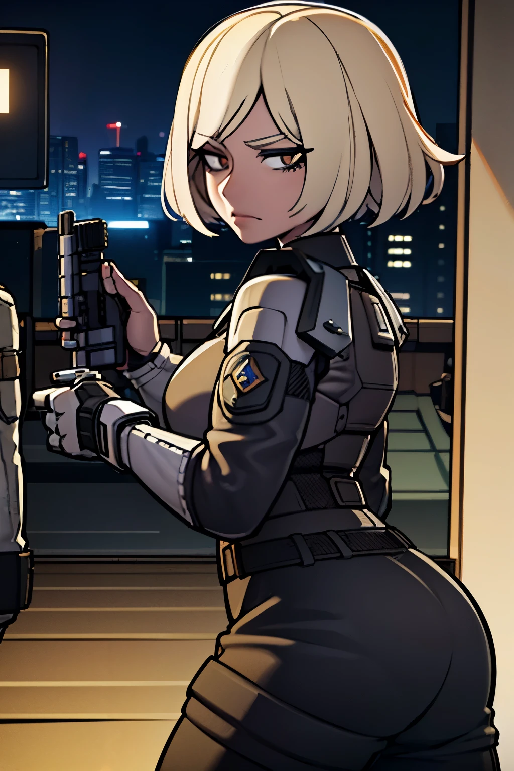 young  woman, blondie hair, short hair, bee, in a stormy city, in the night,holding a pistol, soldier, 4K