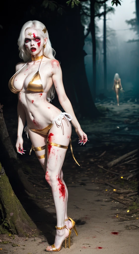 ((Female zombie))((Both eyes are completely white:1.2))((White skin, Really long legs))((very huge))((Wearing a golden deep V low-cut bikini))((Wear gold high heels:1.2))((Covered in blood))
