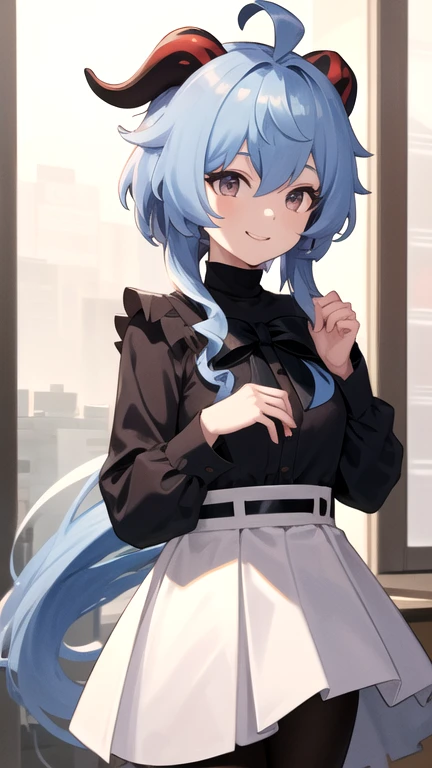 aaganyu, long hair, low ponytail, ahoge, horns, turtleneck, black bow, frills, black shirt, long sleeves, shirt tucked in, high-waist skirt, white skirt, pantyhose, smile, holding folder, crowd, tooth, masterpiece, best quality, highres, nice hands, perfect hands