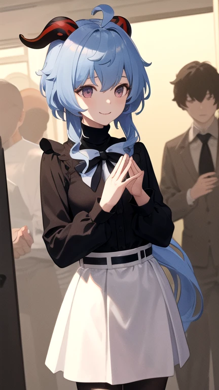 aaganyu, long hair, low ponytail, ahoge, horns, turtleneck, black bow, frills, black shirt, long sleeves, shirt tucked in, high-waist skirt, white skirt, pantyhose, smile, holding folder, crowd, tooth, masterpiece, best quality, highres, nice hands, perfect hands