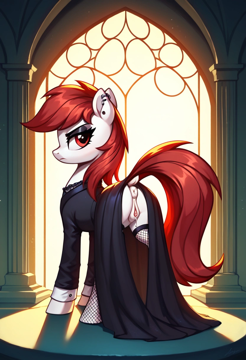 score_9,score_8_up,score_7_up,score_6_up, ((my little pony)), radiant lighting, vibrant colors, whimsical atmosphere, 8K, high resolution, highly detailed, masterpiece, white body, (goth style), very long red hair, red eyes, fishnet stockings, dress, showing the butt, dripping pussy, grave cutie mark 