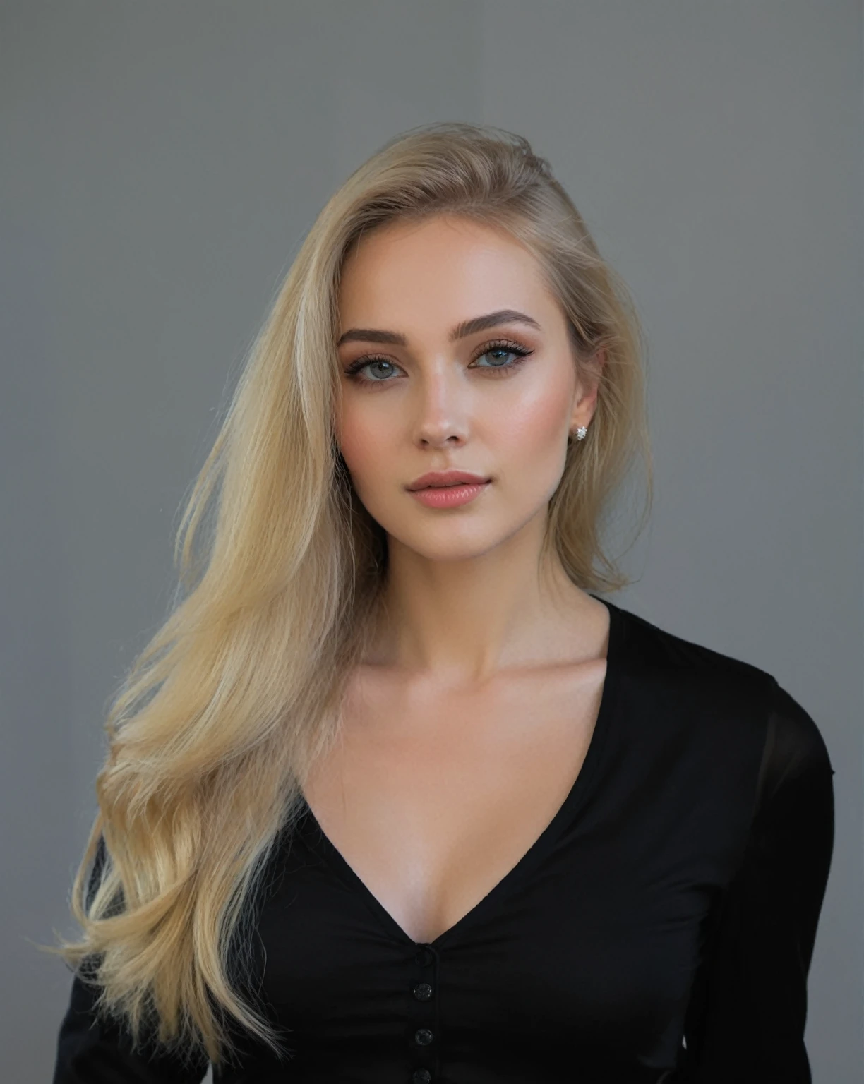 A closeup of a woman with long blonde hair wearing a black top, Sidney Sweeney, beautiful blonde girl, profile headshot, Beautiful blonde woman, a beautiful blonde, Victoria Gavrilenko, long blonde hair and big eyes, Angelina Stroganova, Anastasia Ovchinnikova, 2 4 year old female model, sexy girl with long blonde hair, beautiful model girl