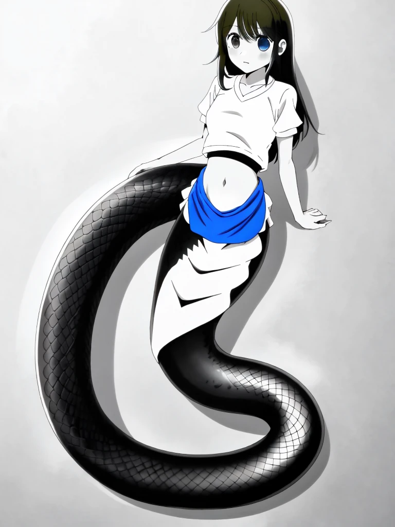 (mermaid:1.0), eel tail, full body, midriff shirt,  beautiful perfect symmetrical face, beautiful cute anime teenager girl, full body, monochrome, comic styled, under the sea