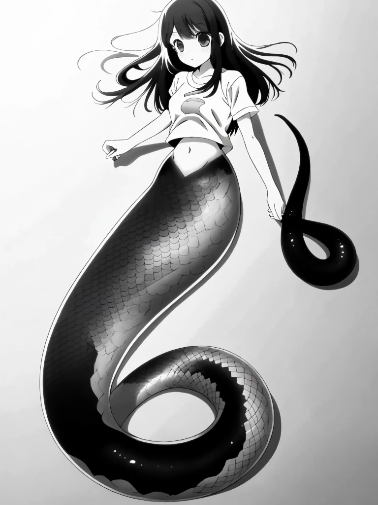 (mermaid:1.0), eel tail, full body, midriff shirt,  beautiful perfect symmetrical face, beautiful cute anime teenager girl, full body, monochrome, comic styled, under the sea