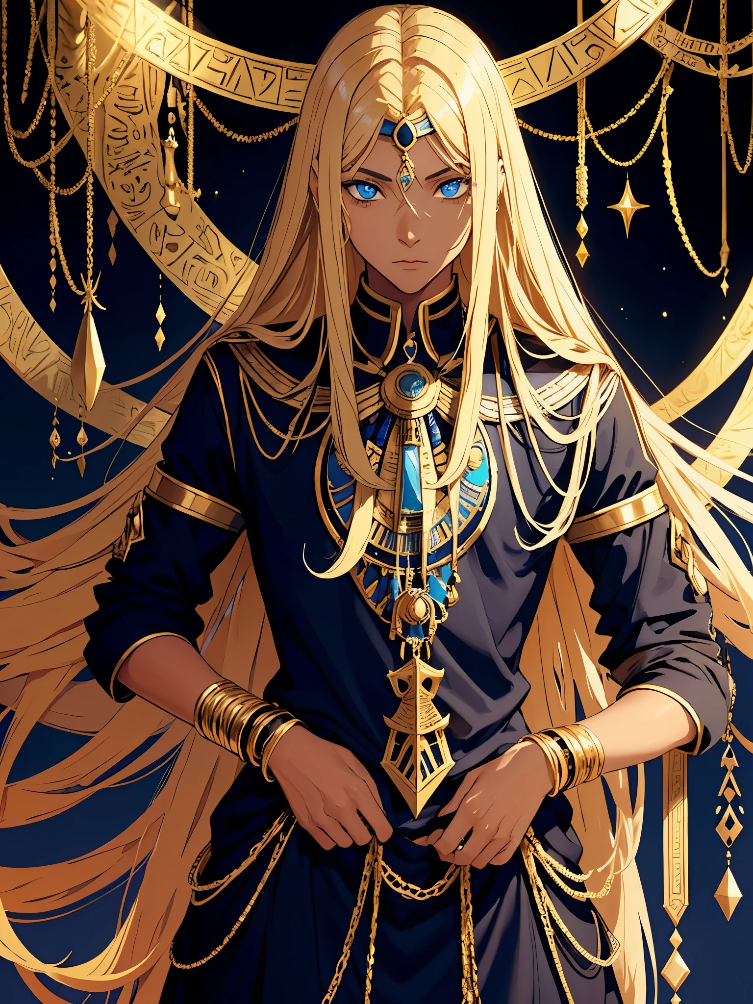Teenage boy. Egyptiane Gottheit Anubis. Egyptiane Kleidung. long blond hair. Lots of gold jewelry. dark skin. Egyptian. dazzling blue eyes. mystical. divine.
