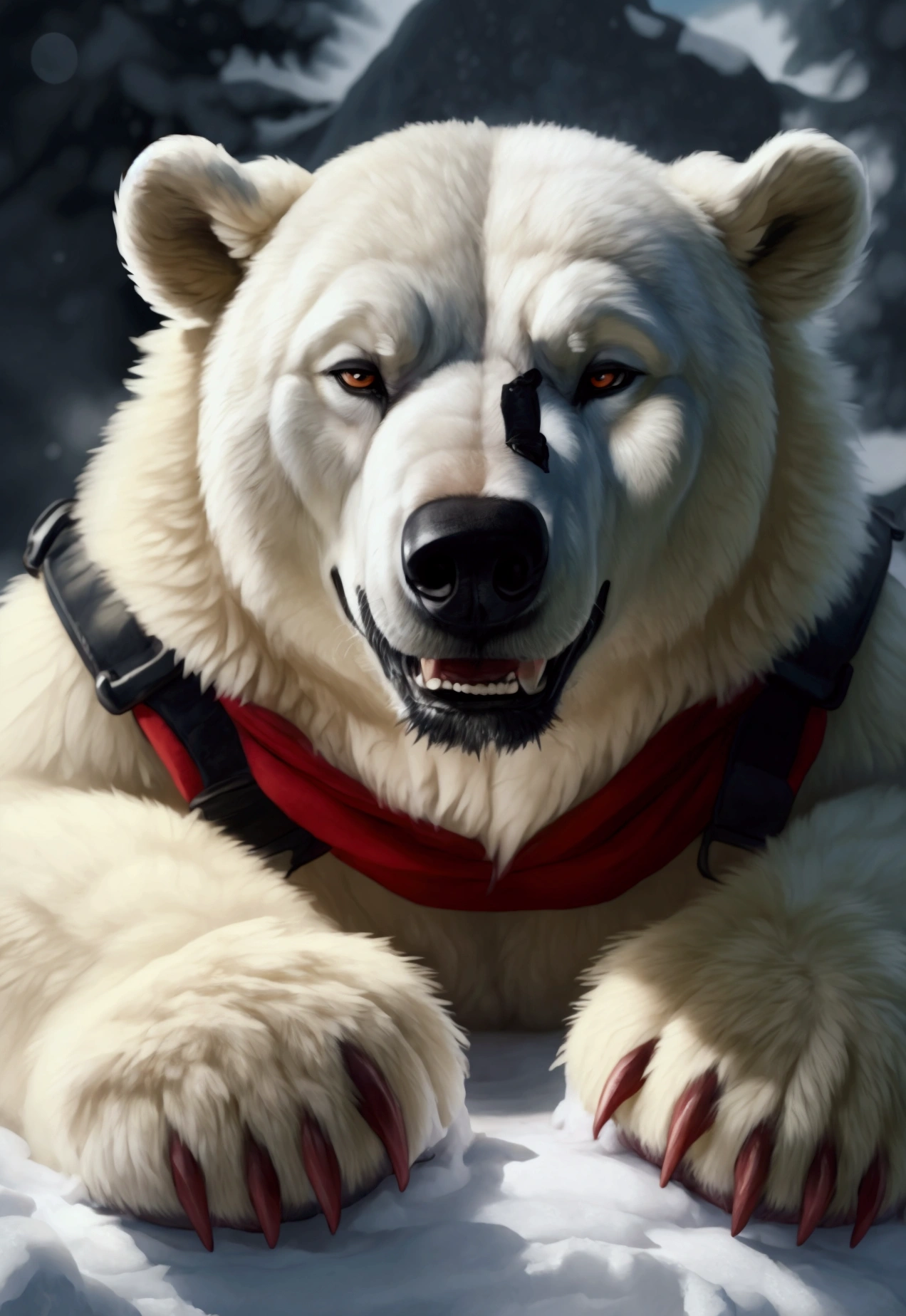 (by personals, by narse, would chase, by gorse the thief),realistic Realistic white fur, Polar patroller, polar bear in teeth,  SMILE in polar patroller, happy with tongue in polar patroller, Polar bear these hair body in white,very muscular and fat, claws in five, five claws, dark paws, helmet, eyepatch, medio eye Brown, big very strong pink giant_pen, grande para pen, giant balls, holding big huge pink_pentrating, very strong bulk for blank pallets , very tired of very craving, large chest of fur on white, More Giant Cum, very cum in milk, light,lying in bed por sexy, by bruteandbrawn, by personals, by subtraction, (intricate, high detail white , Photography, soft focus, SeatoHao, super daddy, 
photorealism, realistic white furry polar bear , photorealista, white style and white light , super high dispersion , Best Quality, ultra realistic, Alone, polar bone, Ursid, polar patrol, hair for white , muscular, SMILE, dark forest,  rainbow light , winter, dress,naked parawearing military uniform, camouflage, underwear, hull, tactical harness, black clothes, polar bear in teeth