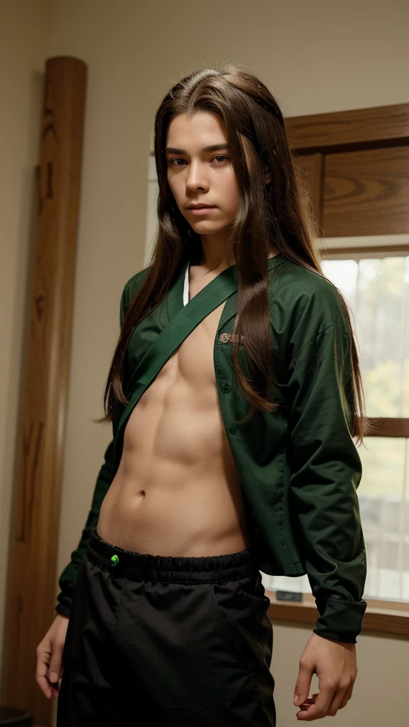 , Boy, long hair, brown hair, parted in the middle, ninja band on his forehead,  Black long-sleeved male outfit and green vest on top Appearance of Neji Hyuga from Naruto  https://images.app.goo.gl/SPRrSc4MFtyZyeDt5