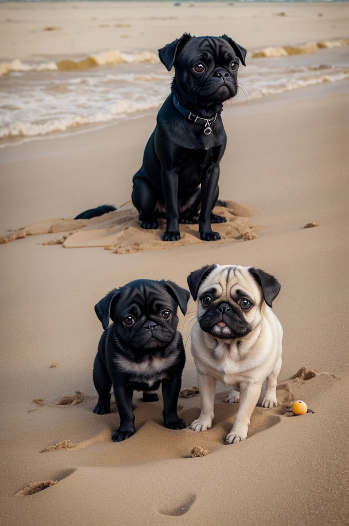 a black pug and a beige puppies on the beach