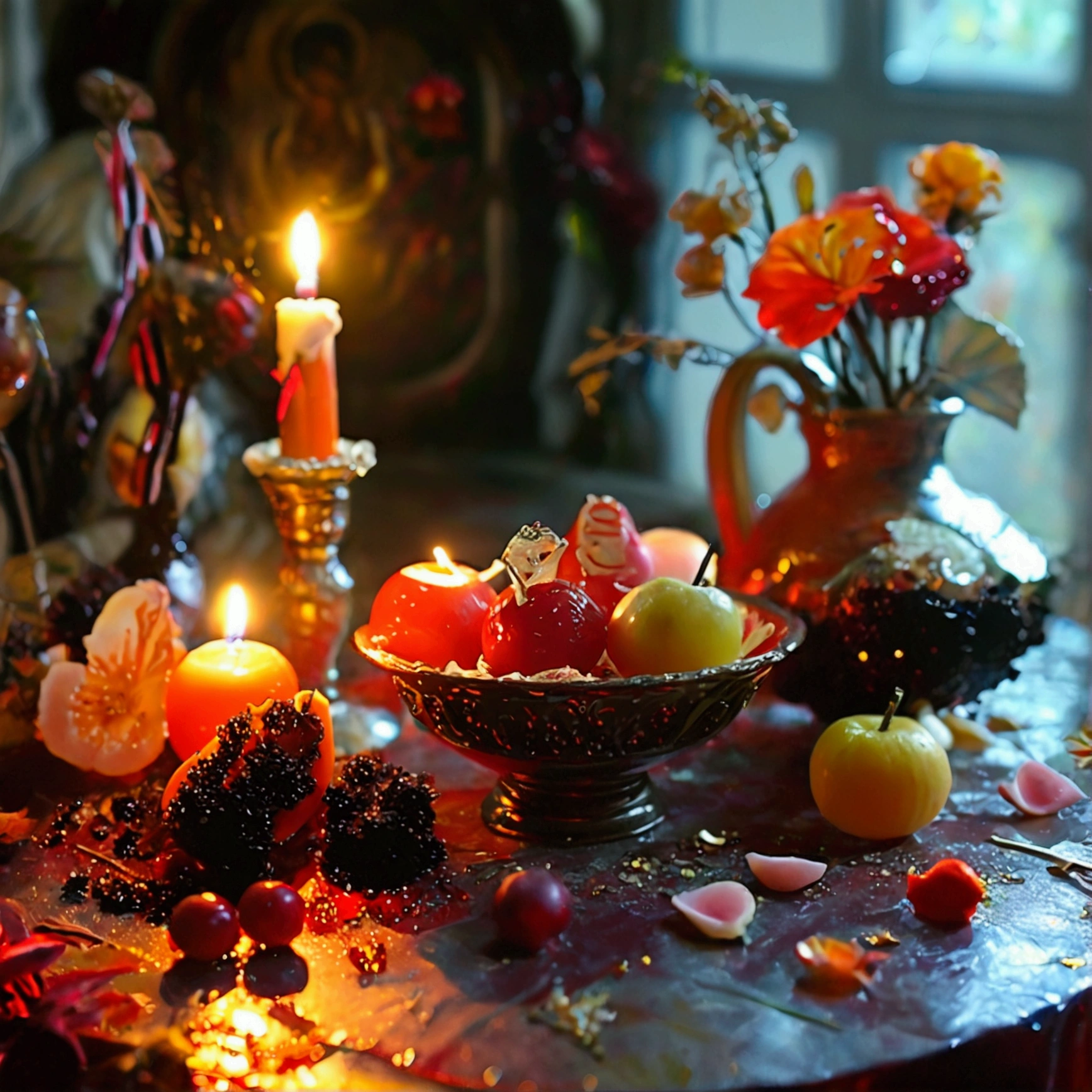 a dark love ritual, just the table with love ritual products