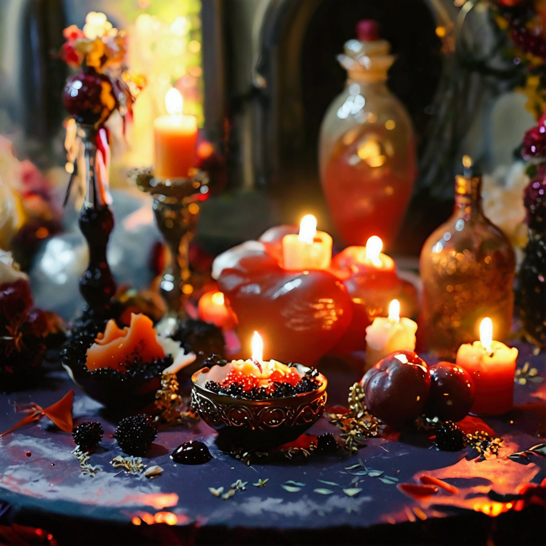 a dark love ritual, just the table with love ritual products