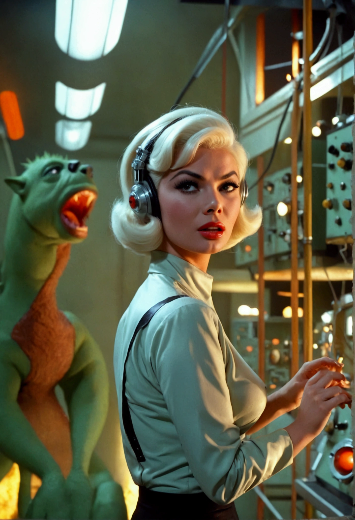 jayne mansfield (age 25, young and vibrant, sexy sci fi scientist), damsel in distress, recoiling from a terrible monster. science lab 1960s sci fi cinema. Show all of her, full body shown