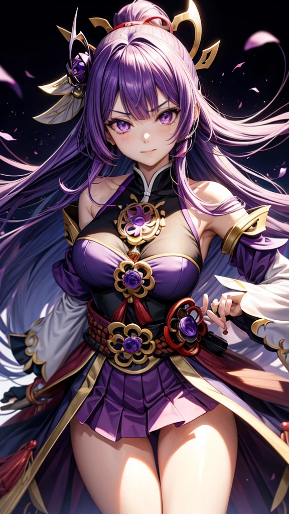 anime girl with purple hair and purple eyes in a purple outfit, impacto de ayaka genshin, [[[[grinning wickedly]]]], akasuki voidstar, retrato de onmyoji, Hajime Yatate, anime moe art style, portrait knights of the zodiac girl, keqing do impacto genshin, jogo ayaka impacto Genshin