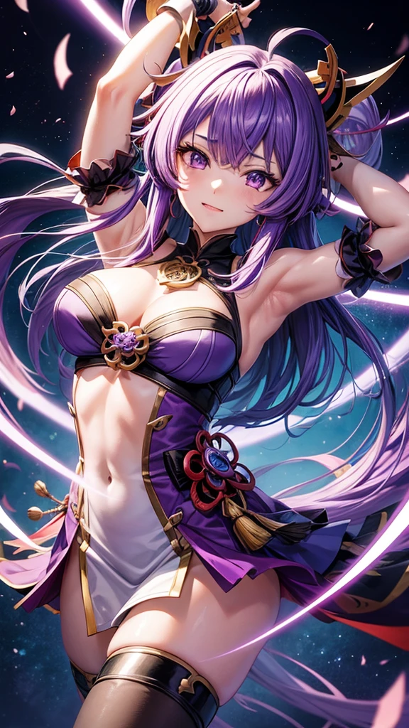 anime girl with purple hair and purple eyes in a purple outfit, impacto de ayaka genshin, [[[[grinning wickedly]]]], akasuki voidstar, retrato de onmyoji, Hajime Yatate, anime moe art style, portrait knights of the zodiac girl, keqing do impacto genshin, jogo ayaka impacto Genshin