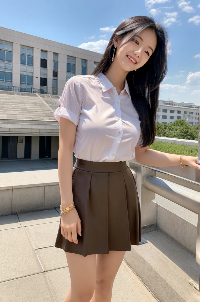 Rooftop of university building, 4th year university student, ((full body)), ((photo)), ((best qualtiy, 8K, tmasterpiece:1.3)), Focus:1.2, perfect figure beautiful girl:1.4, 1girl, cowboy shot, look at viewer, eyes facing the camera, incredibly absurd, beautiful and cute girl with a photorealistic face, showcasing top-quality craftsmanship, A Japanese girl watching the sunset on the roof of a university building, 19 years old, long, straight, silky black hair, fair skin, big eyes, thin eyebrows, double eyelids, long eyelashes, pink lips, smile, devilish smile, gorgeous features, well-defined facial features, beautiful face line, mysterious beauty, slender, tall, well-balanced proportions, large E-cup breasts, white shirt, tight black skirt, beige pumps, gold necklace and bracelet, small earrings, elegant ring, pretty girl, beauty, devilish type, pretty older sister, passionate about art, sociable, friendly, positive, has leadership skills, is proactive, is flexible, gets things done efficiently, works hard towards dreams and goals, March