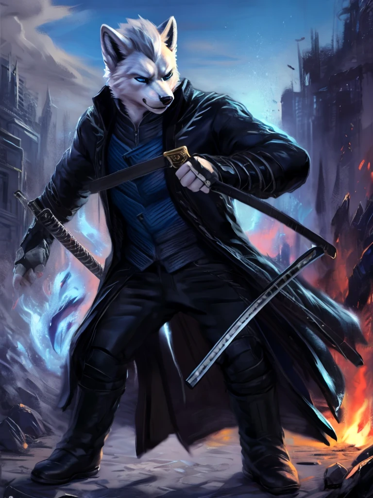 Vergil, blue clothing, robe, katana with white handle, devil may cry, white hair, slick back, blue eyes, cold stare, holding katana, detailed, realistic, dynamic pose, swinging katana, facing viewer, fight scene, running, detailed background, destroyed city background, fire, arctic fox, white fur, high quality, highest quality, by zackary911, by chunie, katana