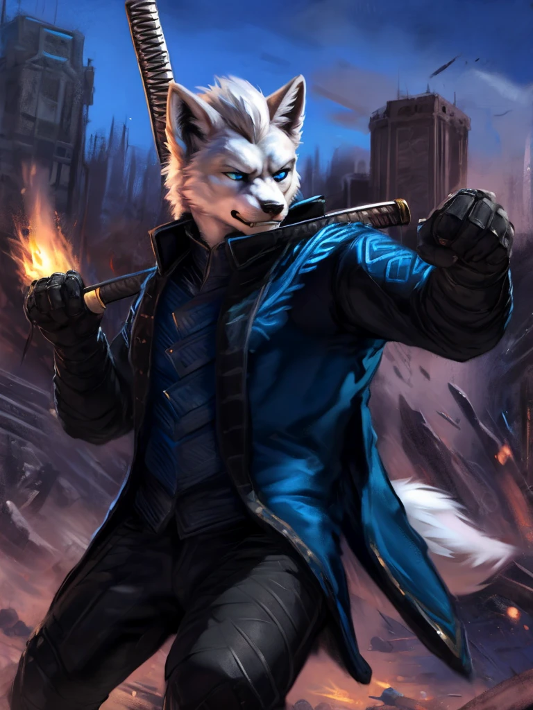 Vergil, blue clothing, robe, katana with white handle, devil may cry, white hair, slick back, blue eyes, cold stare, holding katana, detailed, realistic, dynamic pose, swinging katana, facing viewer, fight scene, running, detailed background, destroyed city background, fire, arctic fox, white fur, high quality, highest quality, by zackary911, by chunie, katana